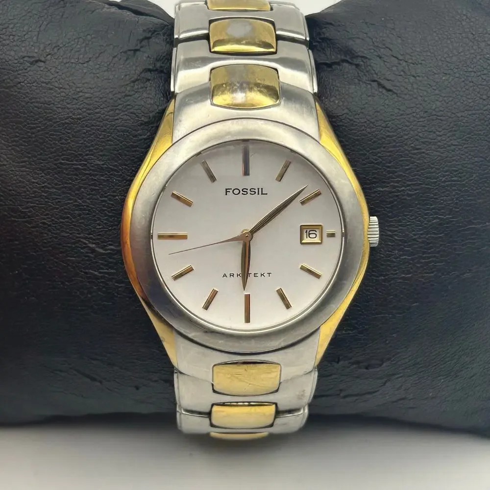 Fossil Arkitekt FS-2907 Silver Gold St. Steel Men’s Watch Working New Battery